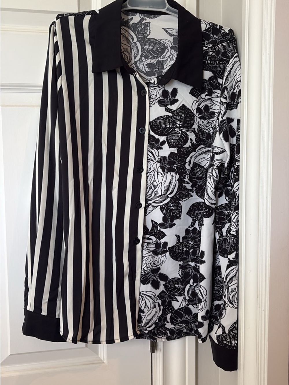 Black & White Mixed Print Button-Up Blouse
